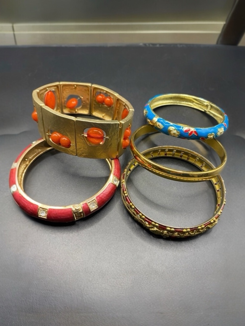 Bundle Gold Tone Bracelets Clampers Enamel Stretchy Bangles Blue Orange Red